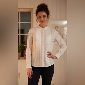 SOFT SURROUNDINGS White Blouse Pleat Button Petite Cotton Spandex Career Large